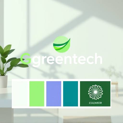 GreenTech Innovations branding materials, including logo, color palette, and website mockup.